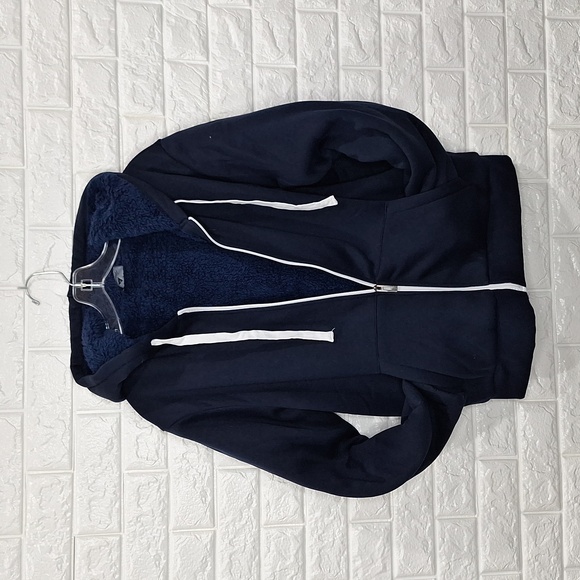 Navy Zip Up Hooded Sweatshirt with Full Teddy Bear Fleece Sherpa Lining … - Picture 1 of 9